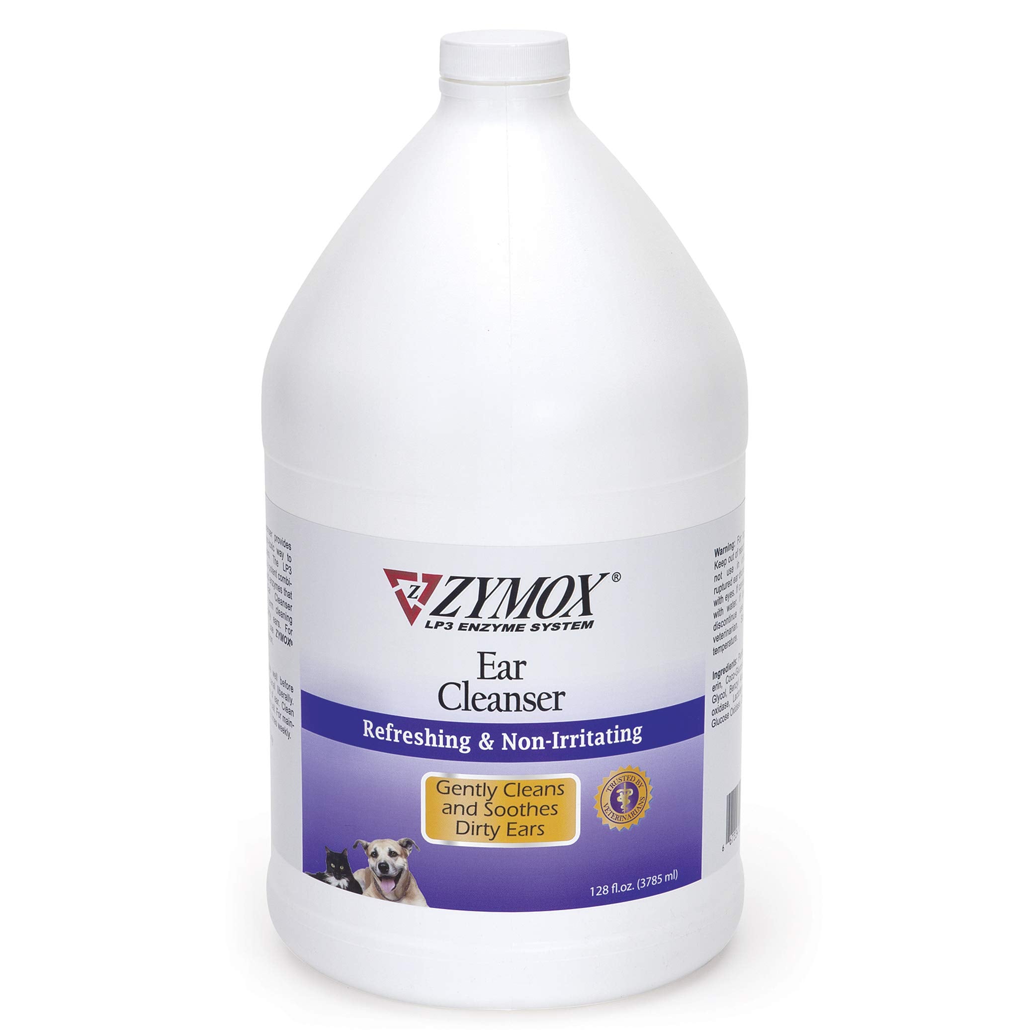 Zymox ear cleanser for dogs and cats, 1-gallon hero bottle for convenient at-home cleaning.
