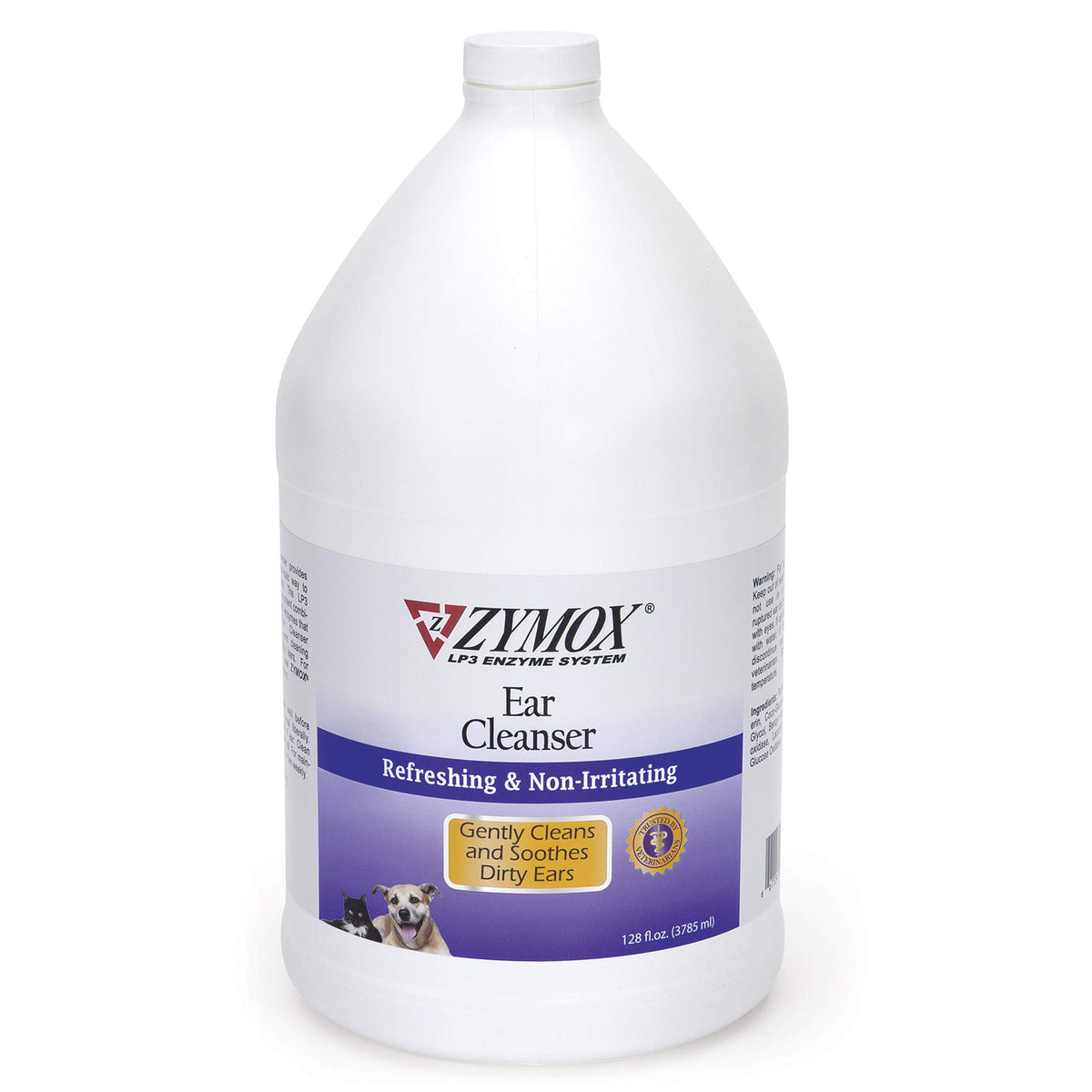 Zymox ear cleanser for dogs and cats, 1-gallon hero bottle for convenient at-home cleaning.