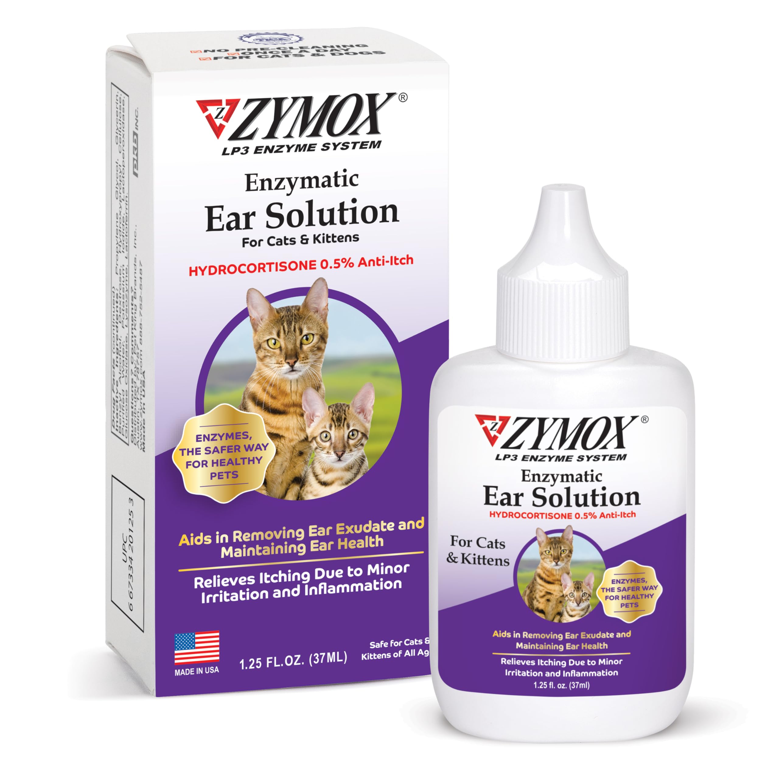 Zymox Ear Solution bottle for cats provides gentle ear care and cleansing.