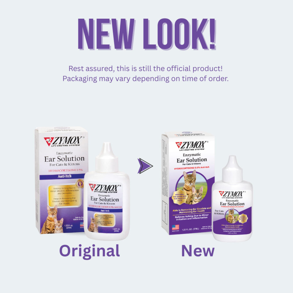Zymox Ear Solution drops-pour demonstrates precise at-home application for feline ears.