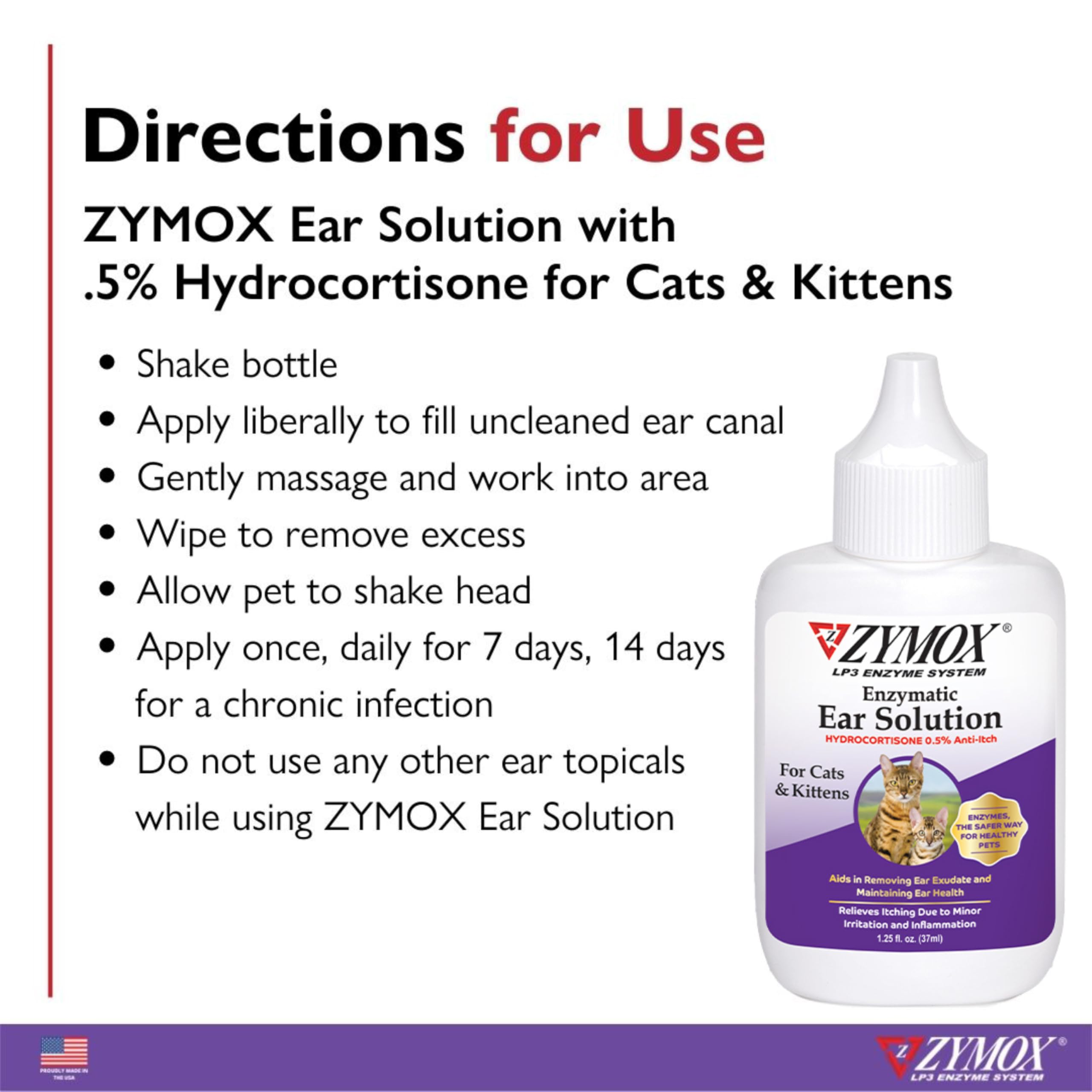 Zymox Ear Solution label closeup reveals 0.5% hydrocortisone and usage notes.