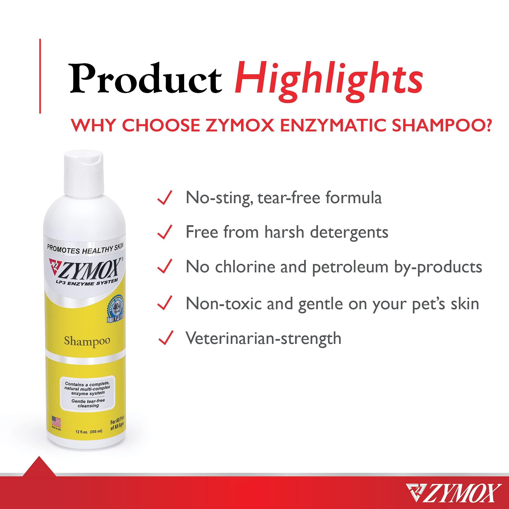 Zymox enzymatic shampoo being applied to a dog or cat for gentle cleansing.