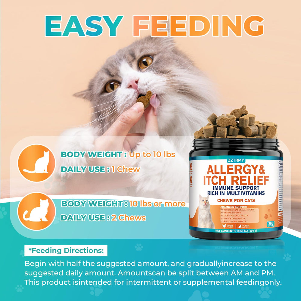 ZZTRMY cat allergy relief chews grain-free formula label close-up.