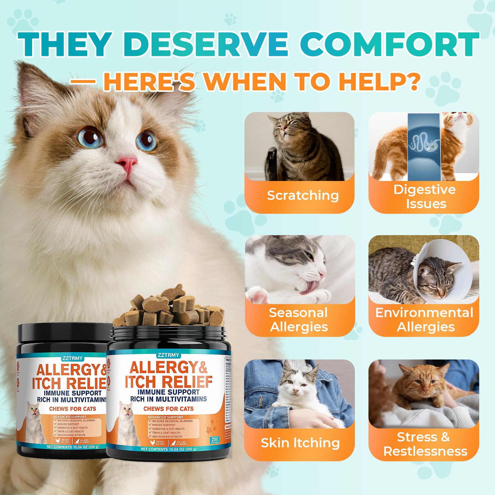 ZZTRMY cat allergy relief chews multivitamin blend close-up bottle.
