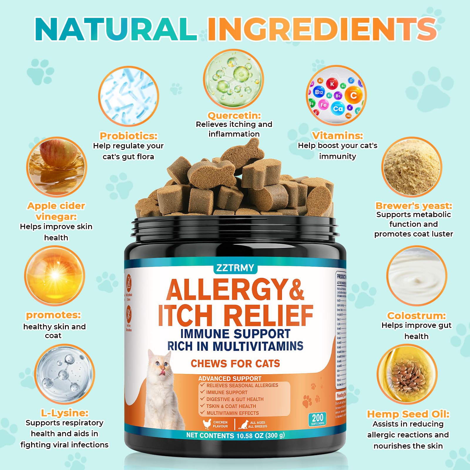 ZZTRMY cat allergy relief chews omega-3 probiotics highlight skin and coat support.