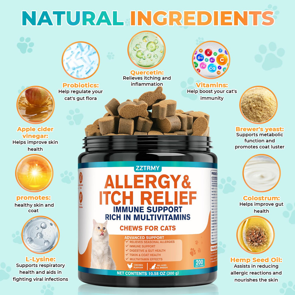 ZZTRMY cat allergy relief chews omega-3 probiotics highlight skin and coat support.