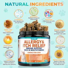 ZZTRMY cat allergy relief chews omega-3 probiotics highlight skin and coat support.