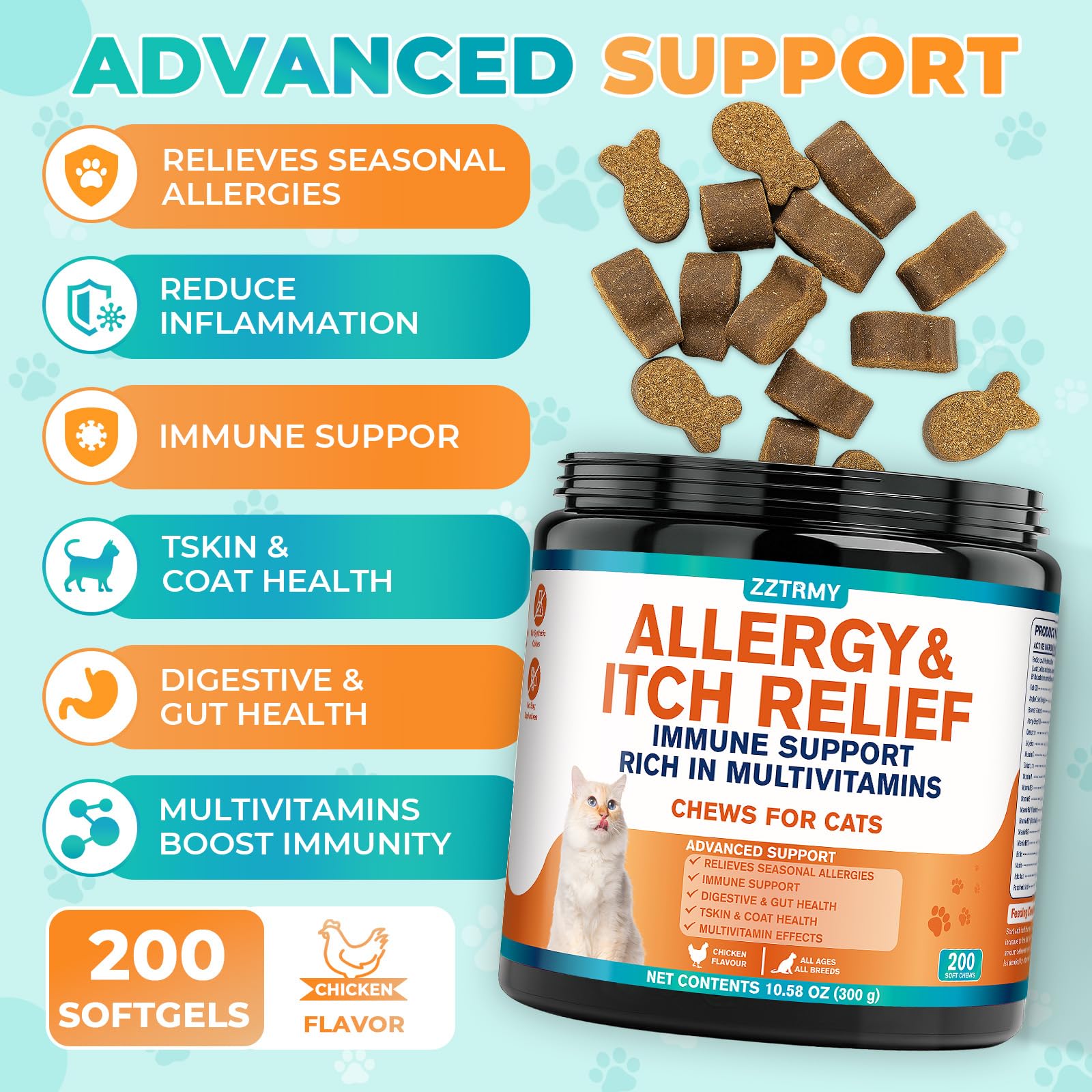 ZZTRMY cat allergy relief chews soft texture close-up shows chewy bite.